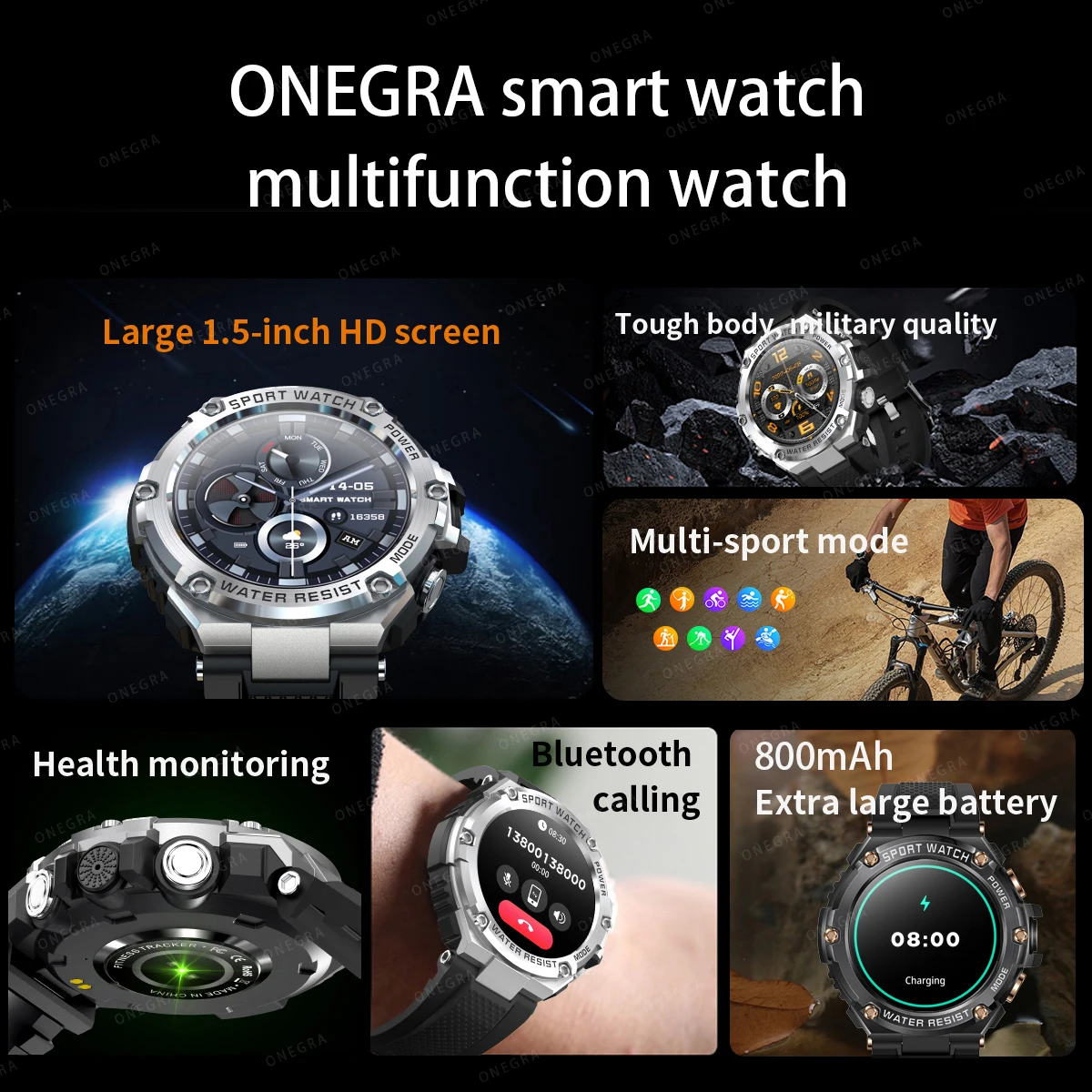 2023 New Men Smart Watch 1.5inch Outdoor Sports Fitness Tracking 800mAh Large Battery IP67 Waterproof Bluetooth Call Smart Watch