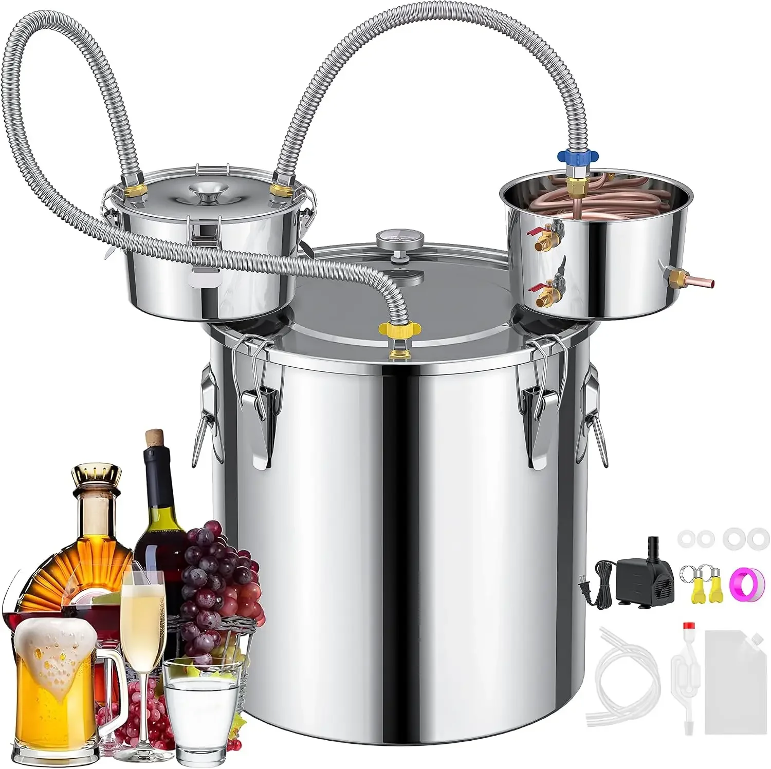 3 Pots 13.2Gal/50L Moonshine Still Kit Complete with Thumper and Condenser, Thermometer, Submersible Pump, Stainless Steel