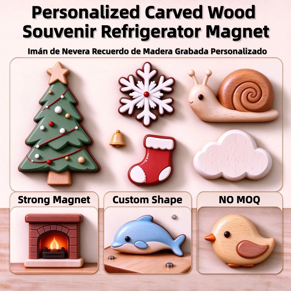 Custom Wood Fridge Magnet Personalized Carved Wood Souvenir Refrigerator Magnet Decorative Wooden Fridge Magnet