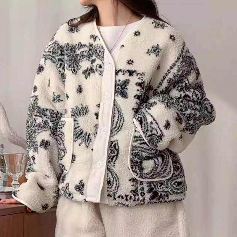 Gagarich Korean Chic Autumn Winter Retro Temperament V-neck Single Breasted Ink Painting Blending Versatile Jacket Women