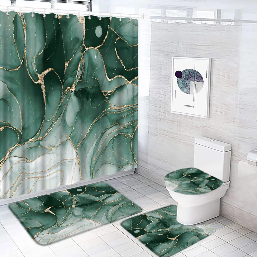 Abstract Marble Shower Curtain Set Gold Blue Textured Pattern Modern Luxury Home Bathroom Decor Non-Slip Rug Bath Mat Toilet Lid