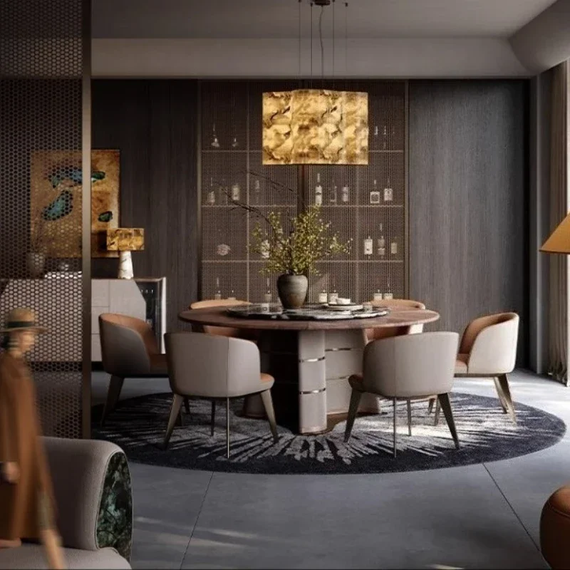 

Dining Table Light Luxury Round Wind North American Black Walnut Electric Dining Table High End Marble Rotating Induction Cooker