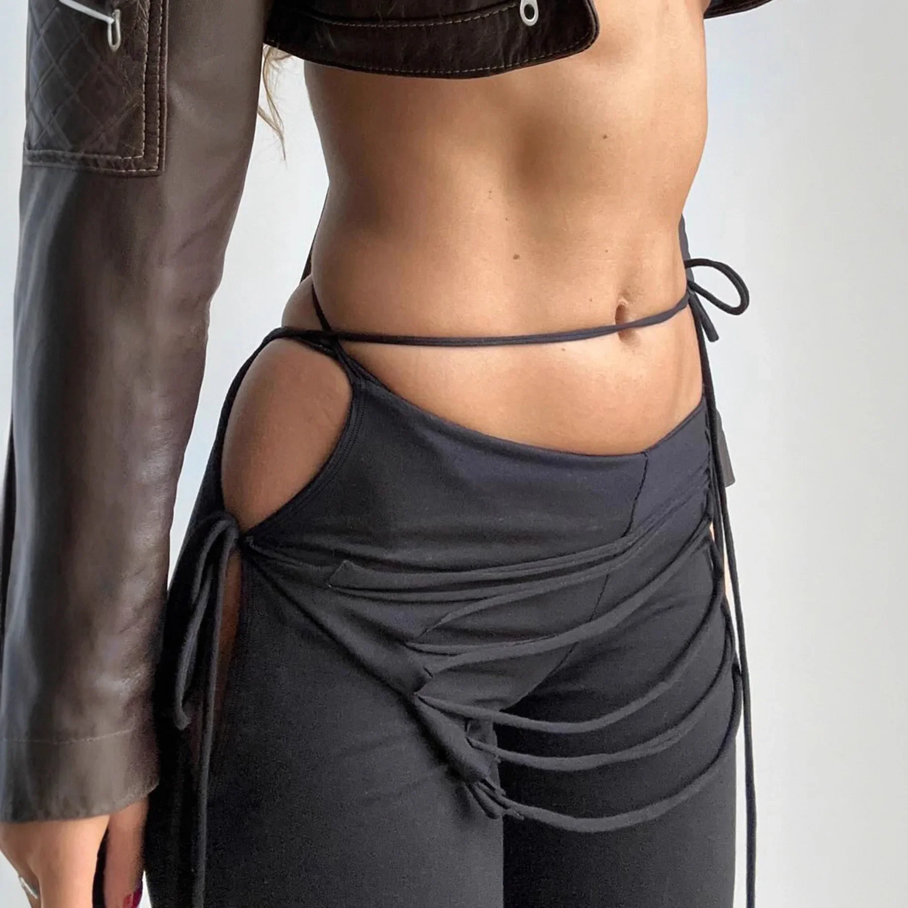 

Sexy Y2k Low Waist Lace-up Bandage Trousers for Women Midnight Club Hollow Out Skinny Black Long Flare Pants Streetwear