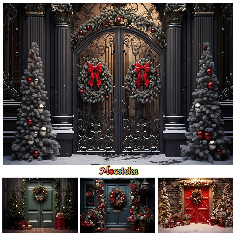 

Christmas Gate Backdrop For Photography Wreath Christmas Tree Dessert House Family Portrait Background Wallpaper Decor Photozone