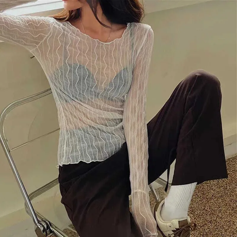 

Сетчатая футболка с маской, женская осенняя тонкая корейская дизайнерская шикарная футболка для взрослых, универсальное базовое пальто с ключицей