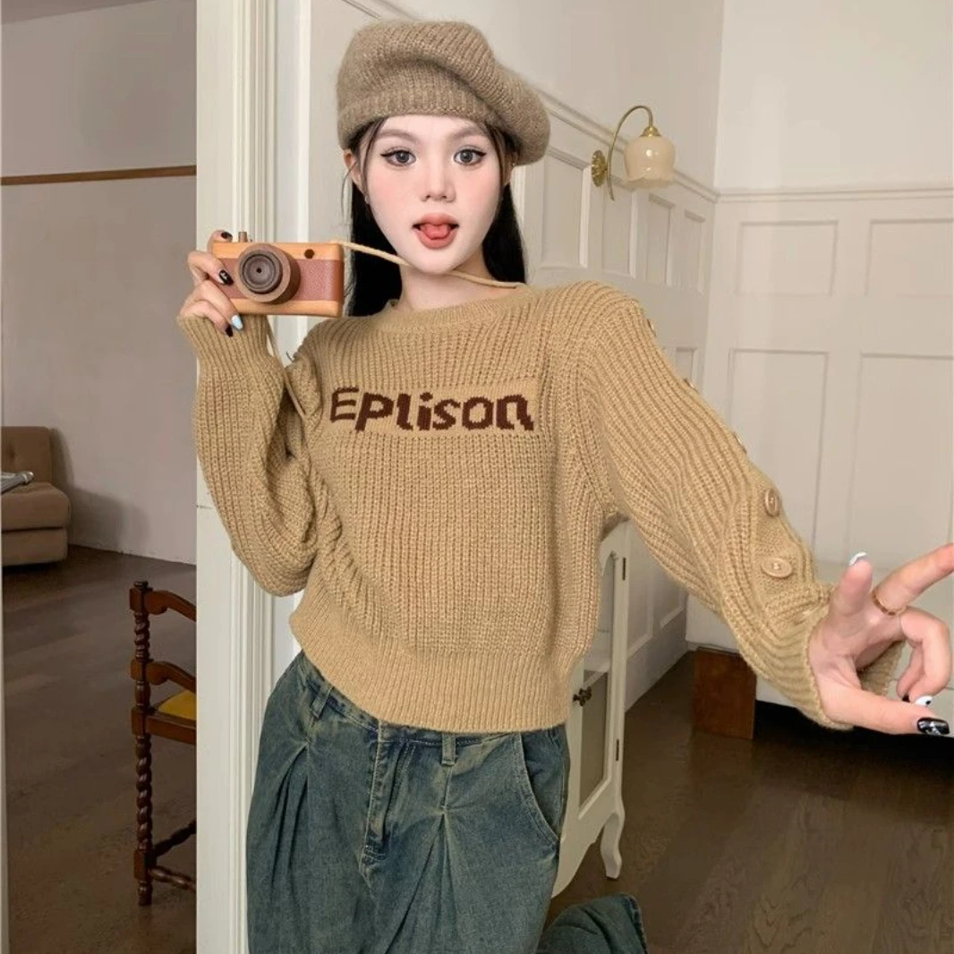 Trendy Korean Style Lazy Letter Loose Sweater for Women Autumn and Winter Y2K Design Short Japanese Retro Long-sleeved Sweater