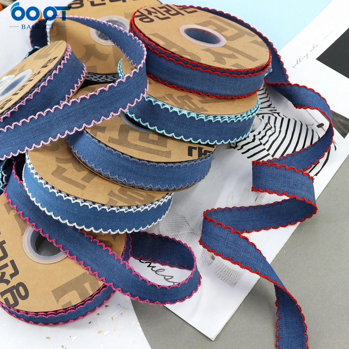 Lace Double Sided Denim Printed Solid Color Ribbons,25MM 2Yards 23629-2 Bow Cap Handmade DIY Party Gift Packaging Materials