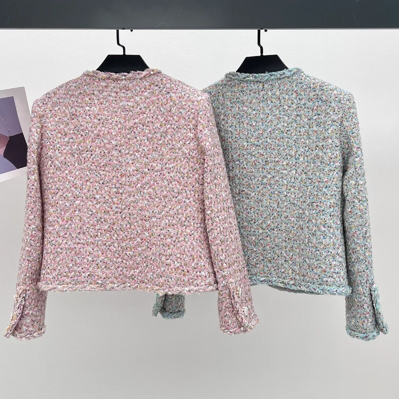 New Small Fragrant Wool Blended Pink O Neck Coat Women High Quality Luxury Tweed Sequined Concealed Button Office French Coat