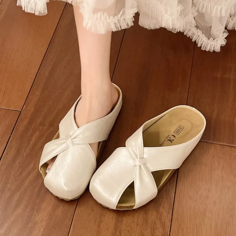 Women's Sandals Mules Flat Slip on Metallic-Look Finish Knot Detail Round Toe Casual Summer Everyday Footwear for Ladies Walk