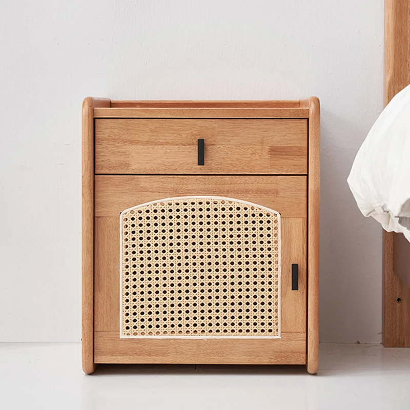 

Scandinavian Solid Wood Nightstand Rattan chest of drawers Rubberwood Bedside Storage Cabinet Minimalist Bedroom Organizer