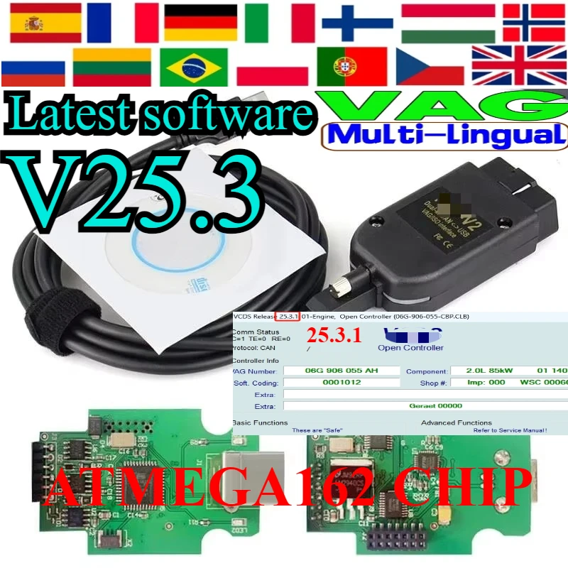 

New V25.3 for VaG COM 23.11/24.7 Popular Vc-ds Francais He-x V2 FOR V-W/ADI/Skd Seat Vag French English Atmega162+16V8 ToolS