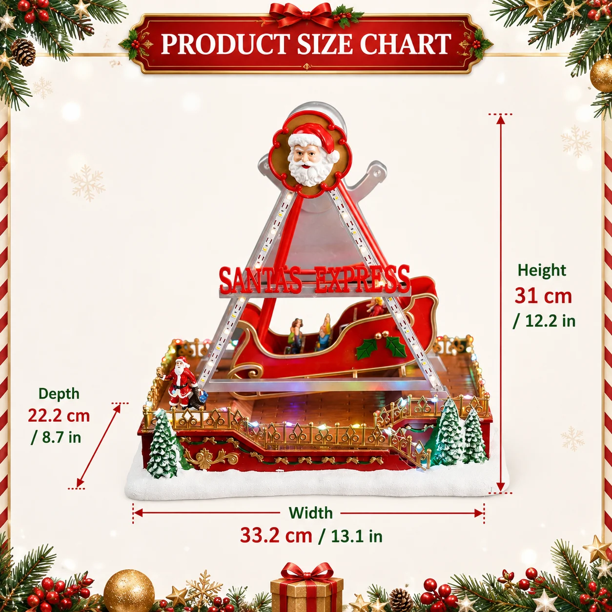Santa's Express Swing Ride Music Ornament with LED Lights, Santa Sleigh & Snowy Base Christmas Decor 33cm