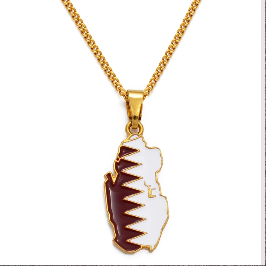 Anniyo Qatar Map and Flag Pendant Necklaces for Women Men Gold Color Qatari Jewelry Patriotic  #122406