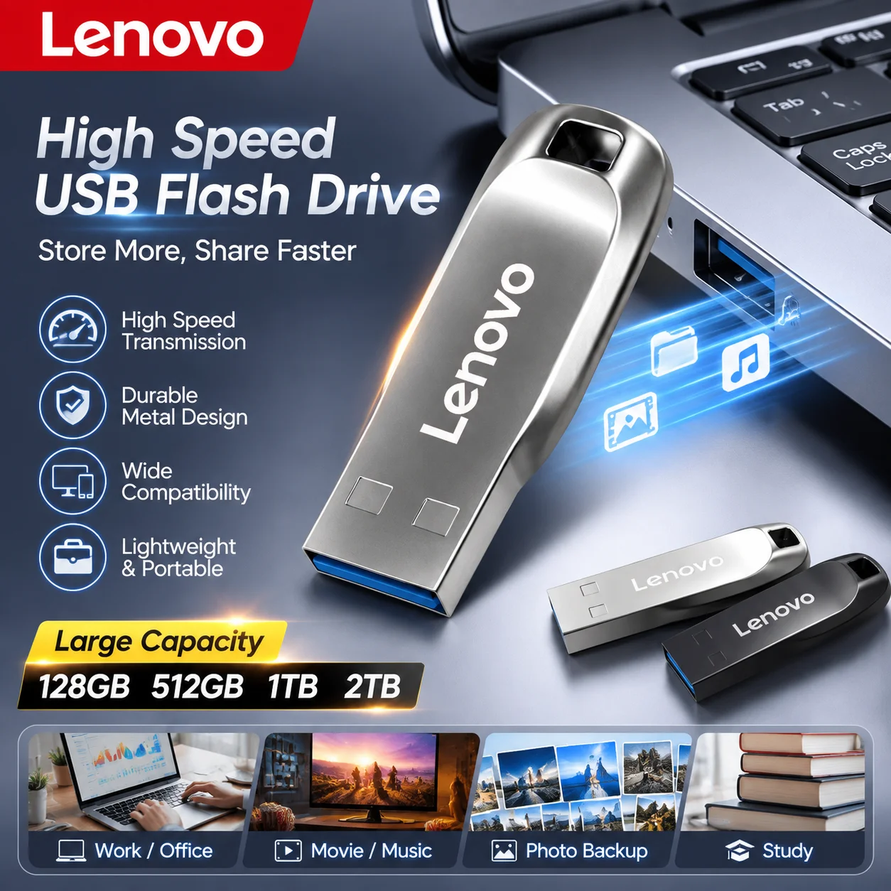Lenovo High Speed USB 3.0 Pen Drive Portable Pendrive USB Flash Drive 512G 256G 64G Fast Data Transfer Memory Stick Network Card