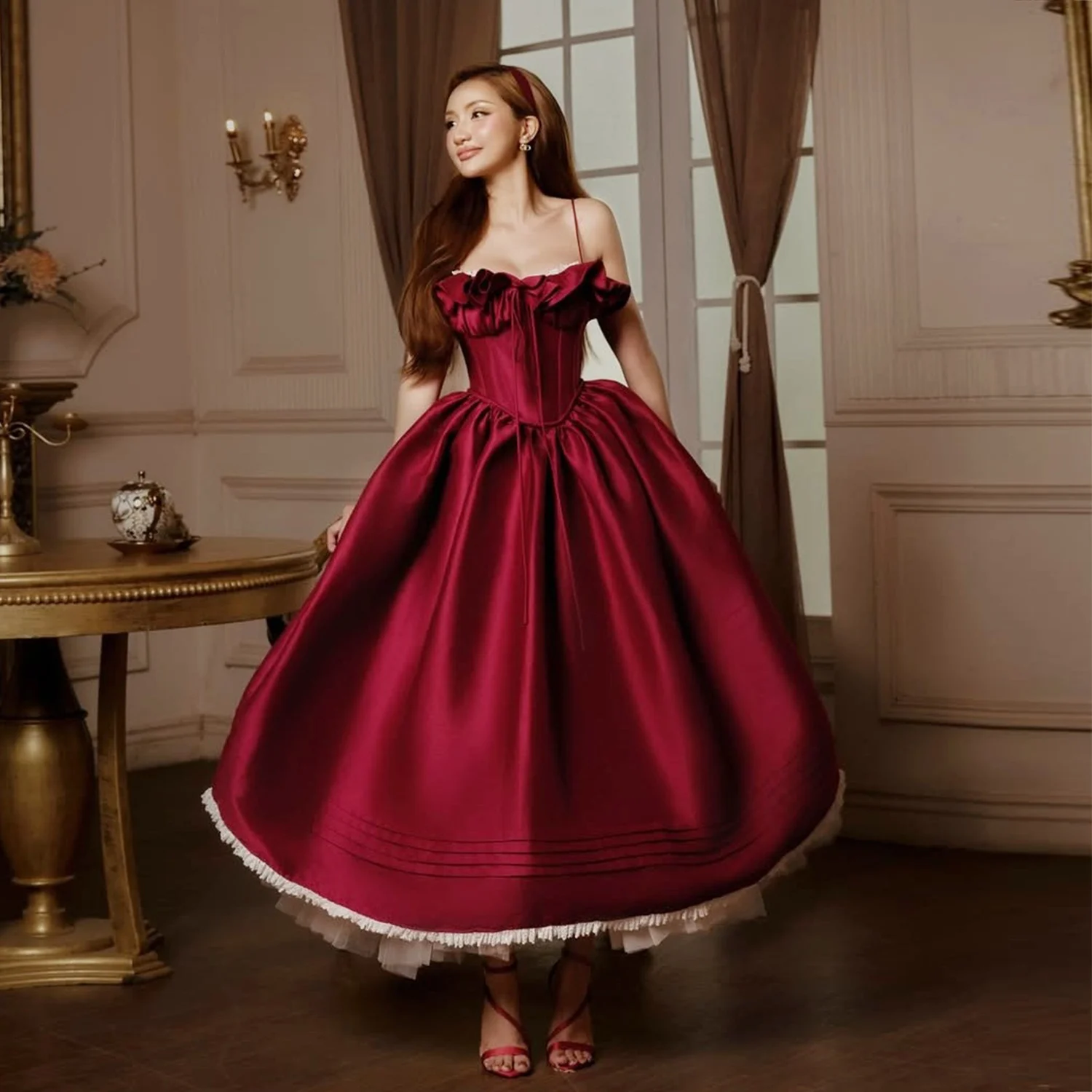 

Темно-красные атласные платья для выпускного вечера с рюшами и милой длиной до щиколотки, пышные вечерние платья, винтажное вечернее платье