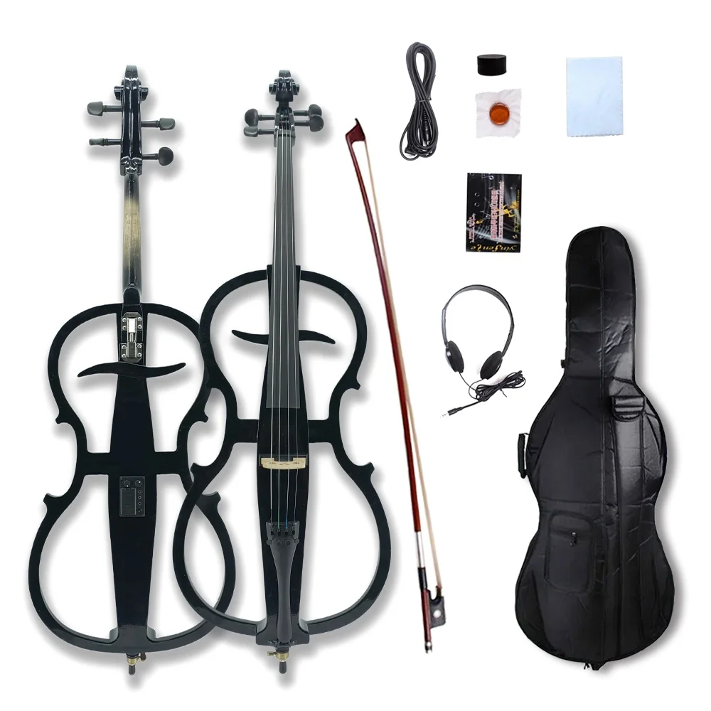 4/4 Full Size New Electric Cello Solid Wood Ebony Fittings Case Bow Silent nice Unbleached Genuine Mongolian Horsehair