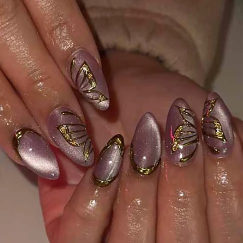 

3D Gold Butterfly French Wearable Nail Art Sparkling Purple Cat Eye False Nails Detachable Finished Fake Nails Press on Nails