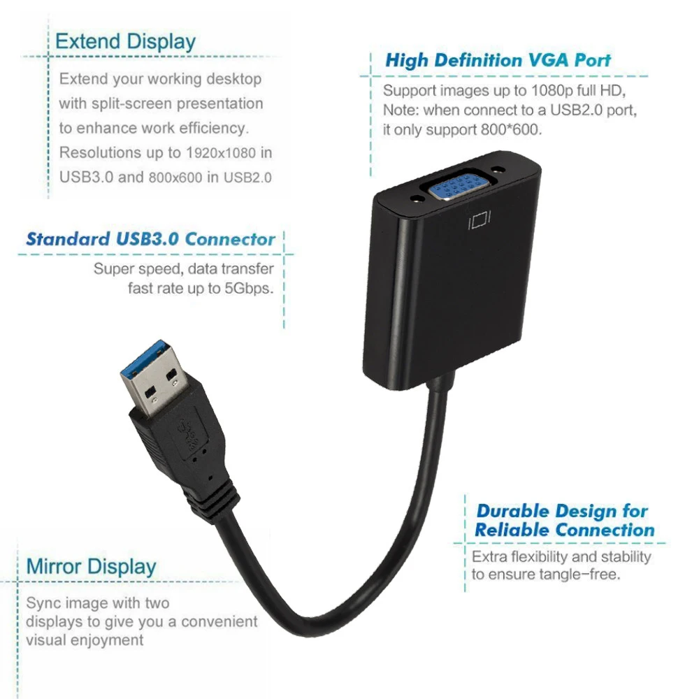 USB 3.0 to VGA Adapter Video Graphic Card Display External Cable Adapter Male USB 3.0 to Female VGA Connector for PC HDTV 1080P