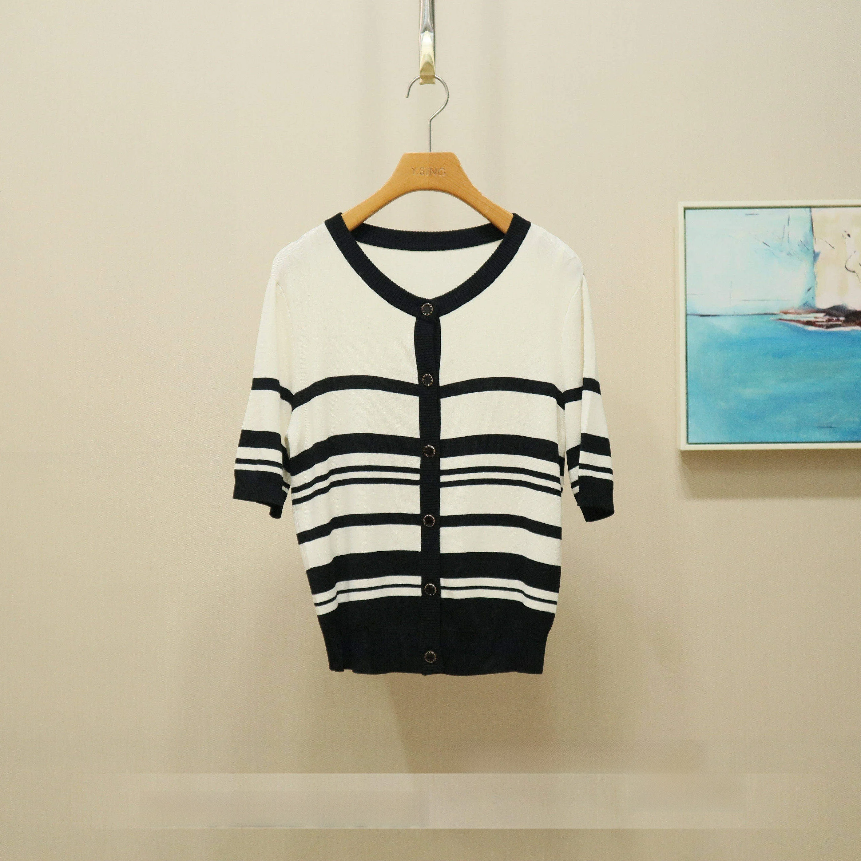 

Versatile Striped Knitwear Summer New Arrival 2026 YSING Commute Style Loose Fit Short Sleeve round Neck Button up Korean Fas...