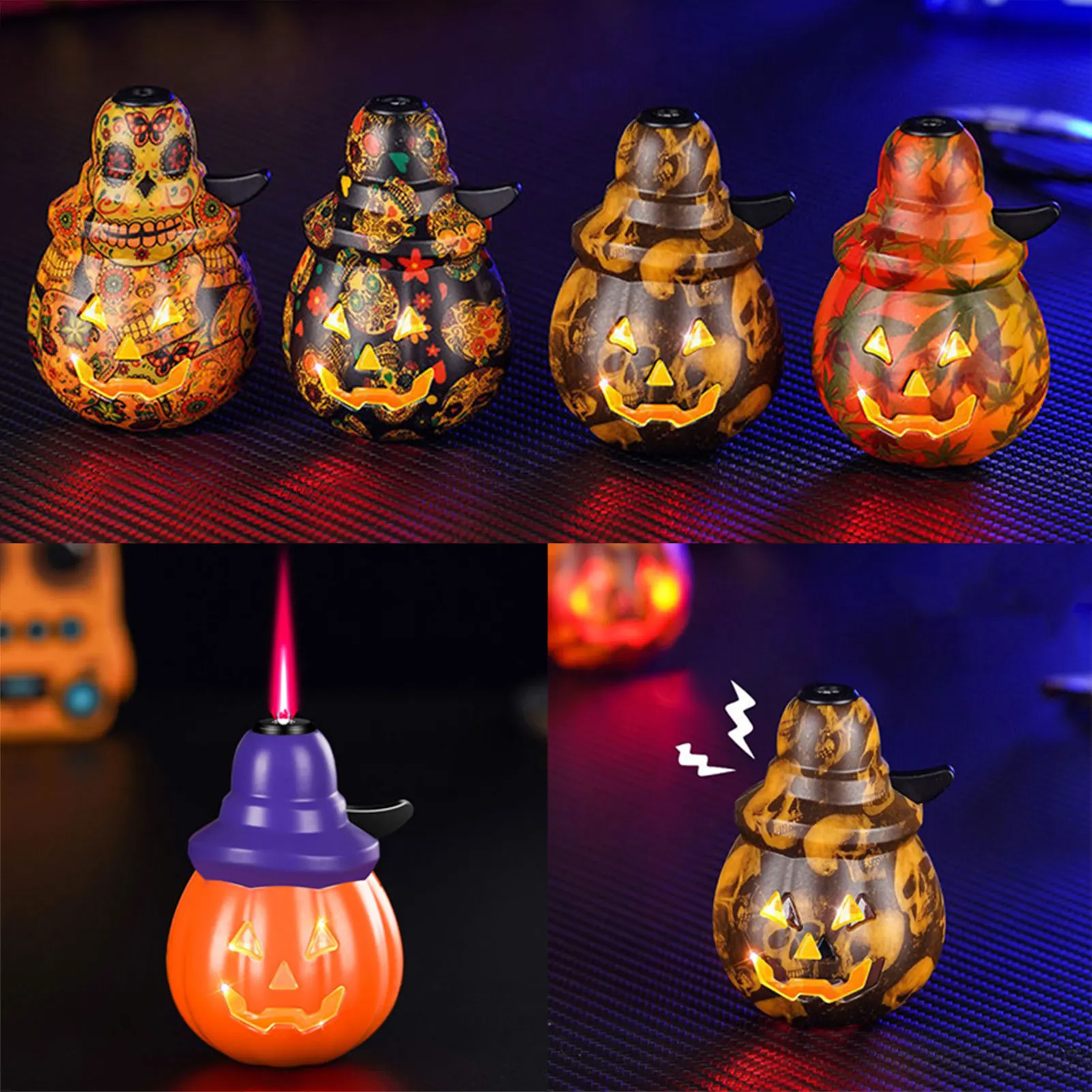 

For Halloween Pumpkins Shaped Lighter Windproof Pink Flame Torch Refillable Cool Festival Unique Present