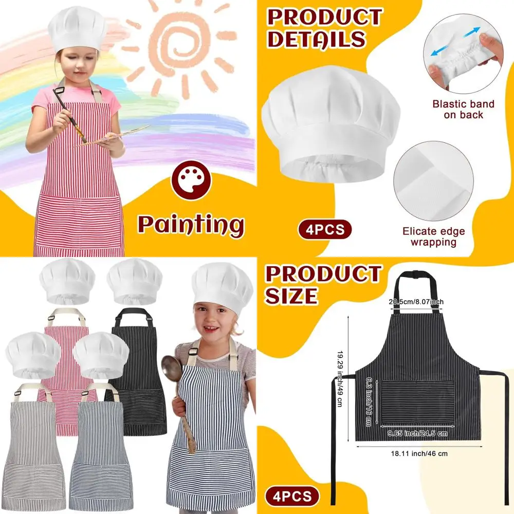 

Регулируемый полосатый хлопковый фартук для малышей и шапка шеф-повара для детей от 2 до 5 лет, с 2 карманами для приготовления пищи, выпечки и рисования