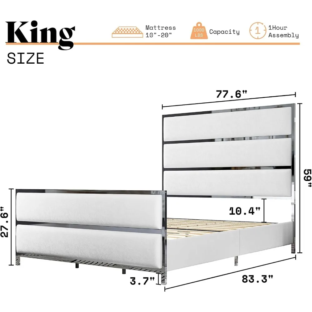 King Bed Frame, Velvet Upholstered Bed with Silver Trim Headboard & Footboard, Channel Tufted Platform Bed Frame, No Box Spring