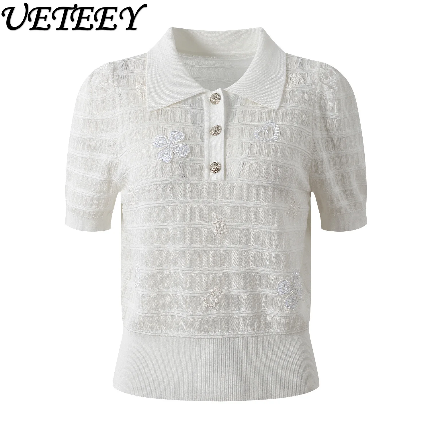 

Лето 2022, новый воротник-поло, вязаные крючком бусины, универсальный вязаный свитер, женский нишевый дизайн, эластичная тонкая футболка с короткими рукавами, топ