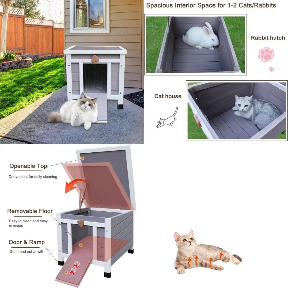 

Weatherproof Outdoor Cat House, Small Wooden Pet Habitat for Cats and Rabbits