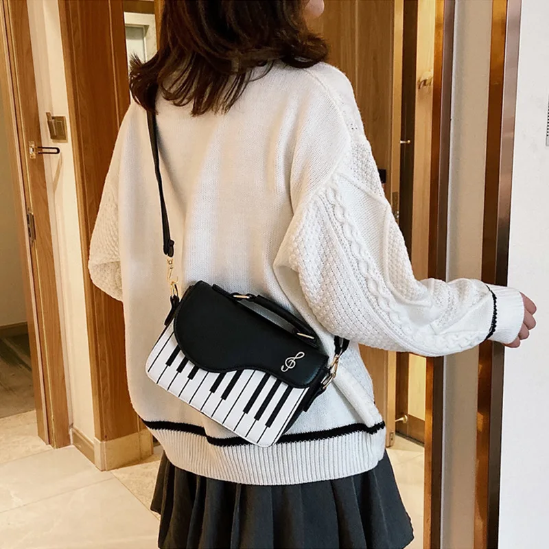 

Piano Guitar Music Notes Pattern Handbag Fashion PU Leather Messenger Bag Trendy Contrast Color Shoulder Crossbody Bag For Women