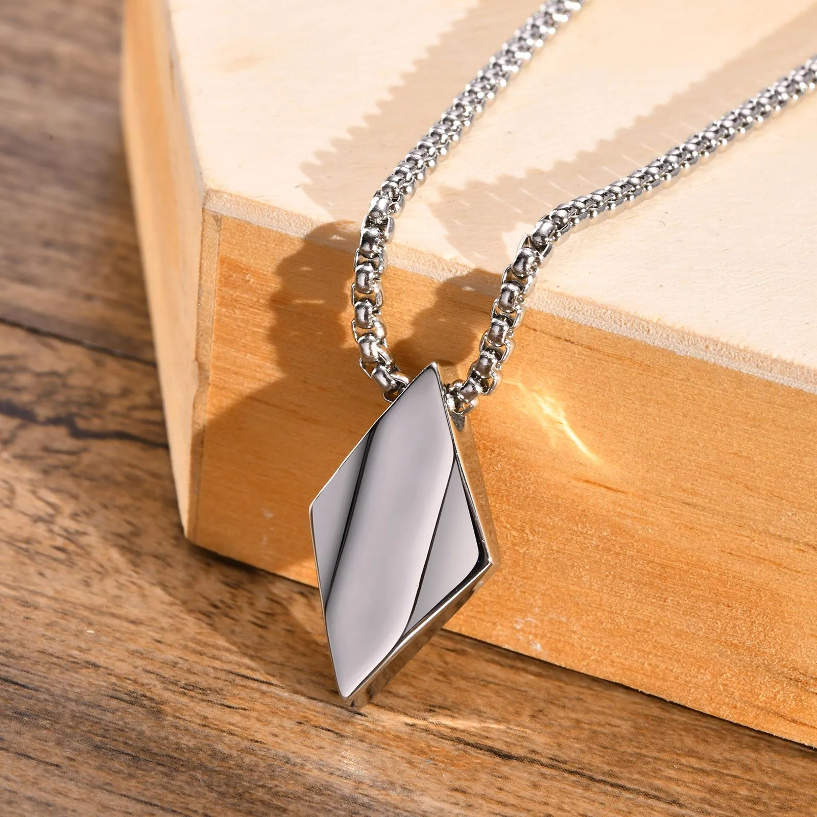 Stylish Geometric Square Rhombus Necklaces Men,Stainless Steel Geometry Lozenge Pendant,Male Collar