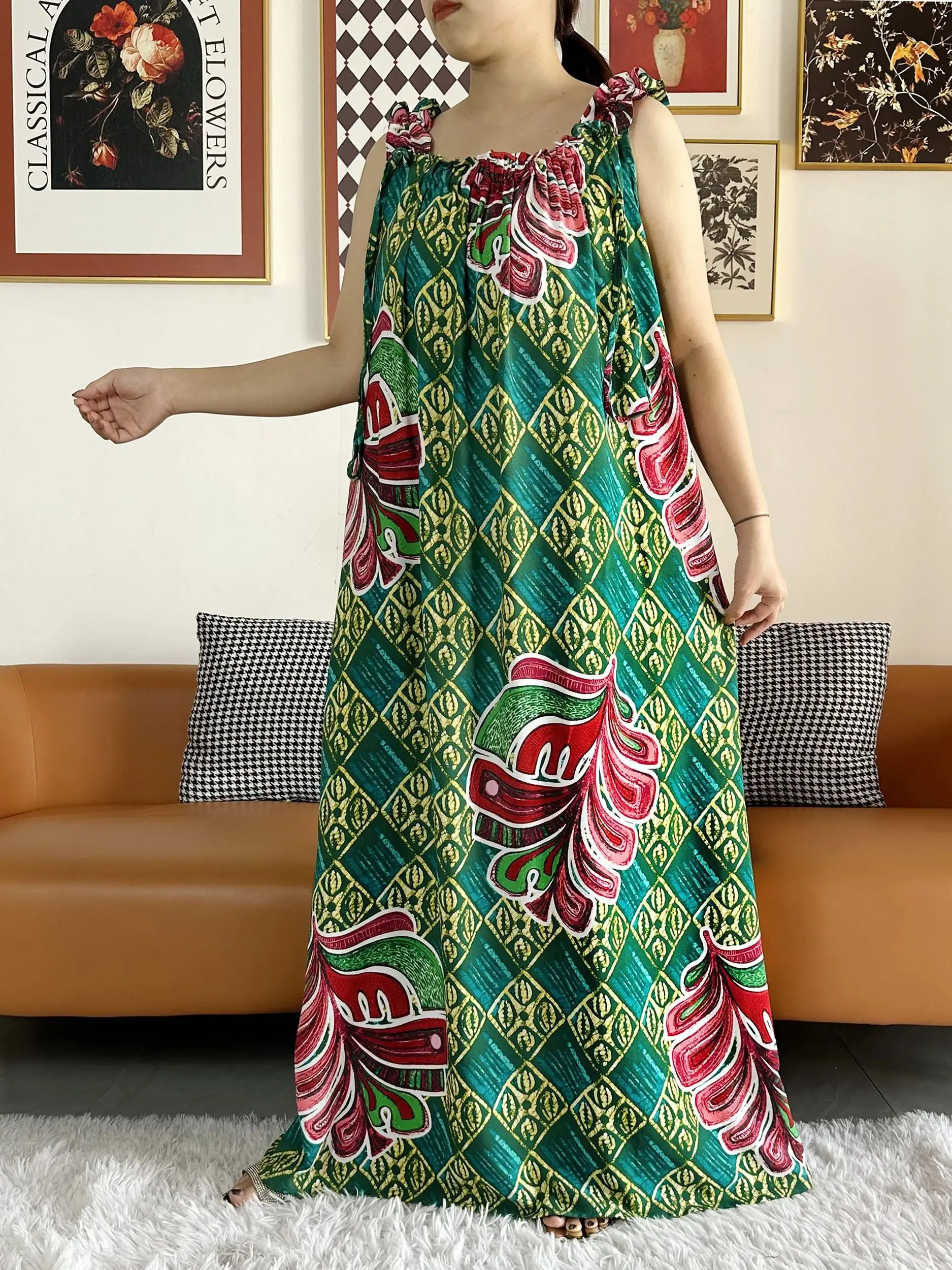 2024 Wome‘s  Summer Sleeveless Dress With Scarfs Under Dress Ptinted Cotton Abaya Dashiki Maxi Lady Robe Loose Kaftan Vestidos