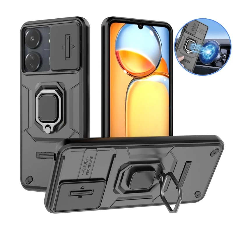 For Xiaomi Poco C65 Case Armor Slide Camera Lens Protection Phone Case For Poko Little C65 C 65 PocoC65 4G Ring Stand Back Cover