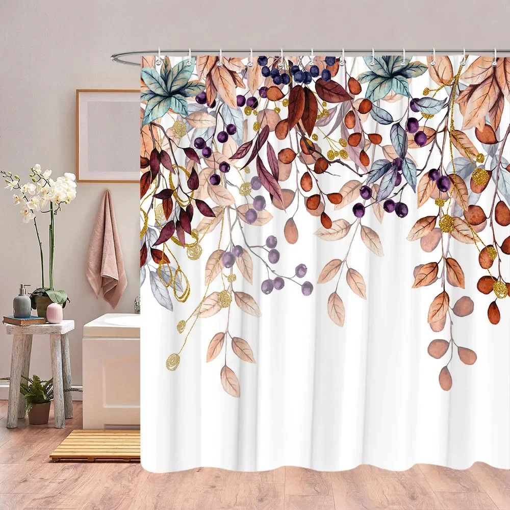 Autumn Dried Floral Leaf Mushroom Butterfly Print Waterproof Fabric Shower Curtain For Bathroom Decor