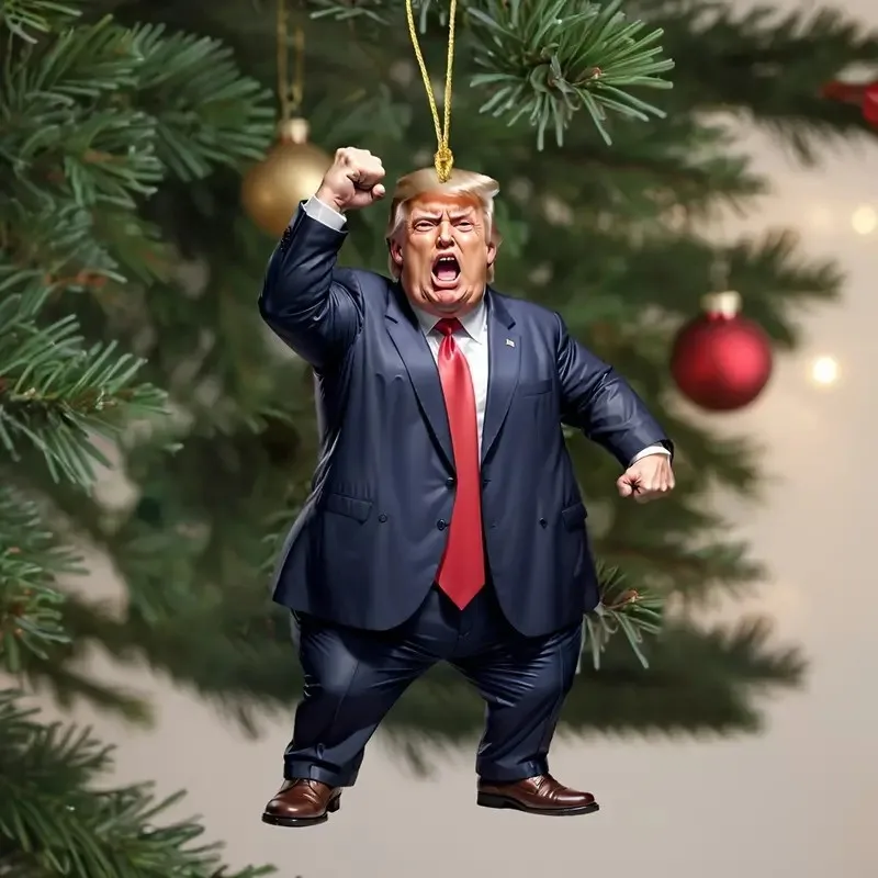 Cartoon Trump-Inspired 2D Acrylic Flat Christmas Decor Hanging Ornament for Car and Tree Holiday Gifts Funny Hanging Pendant