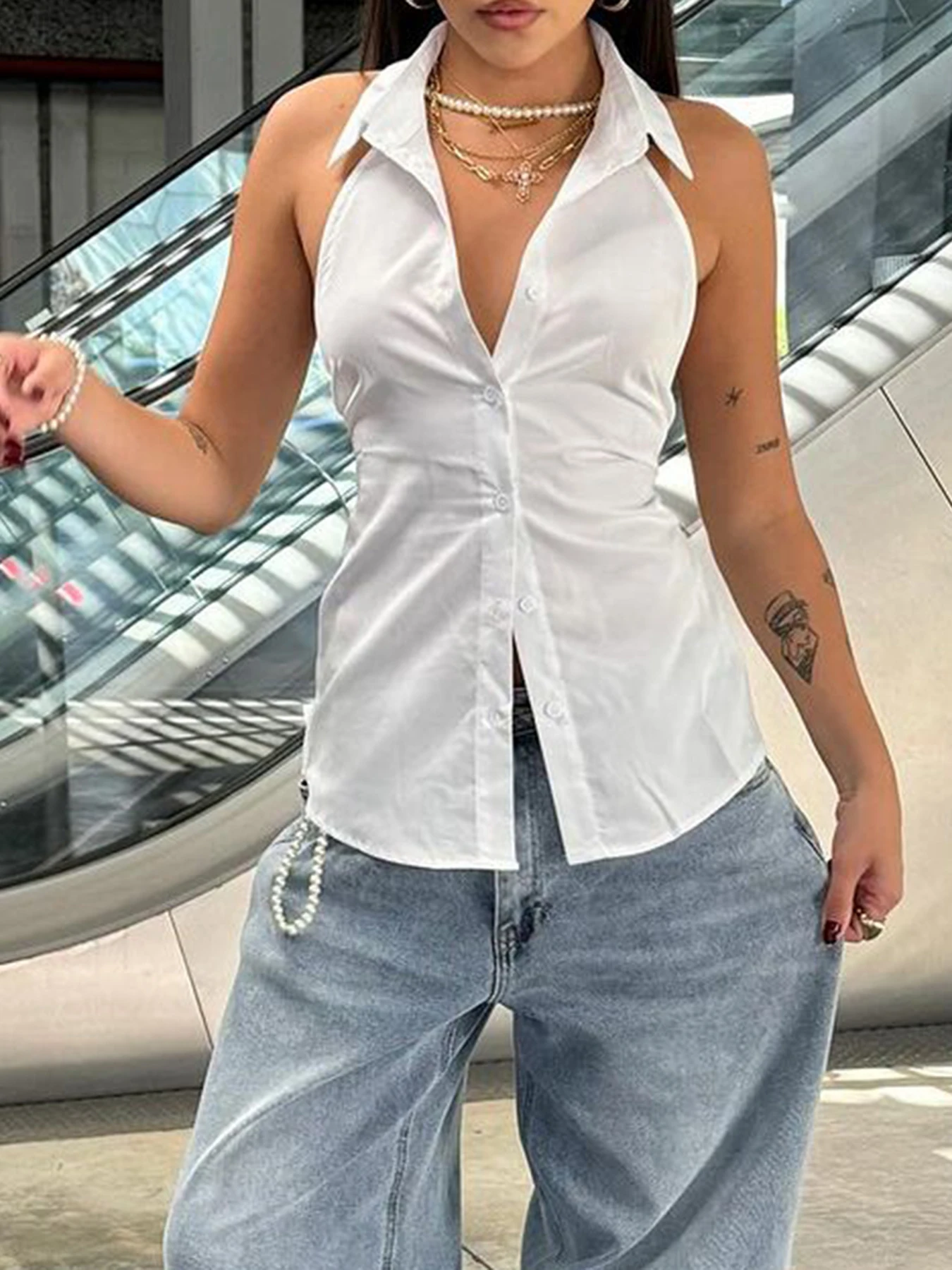 Sweetown Sleeveless Backless Tie Bow Shirts for Women Single Breasted Turn Down V Neck Sexy Halter Tops Solid Summer Vacation