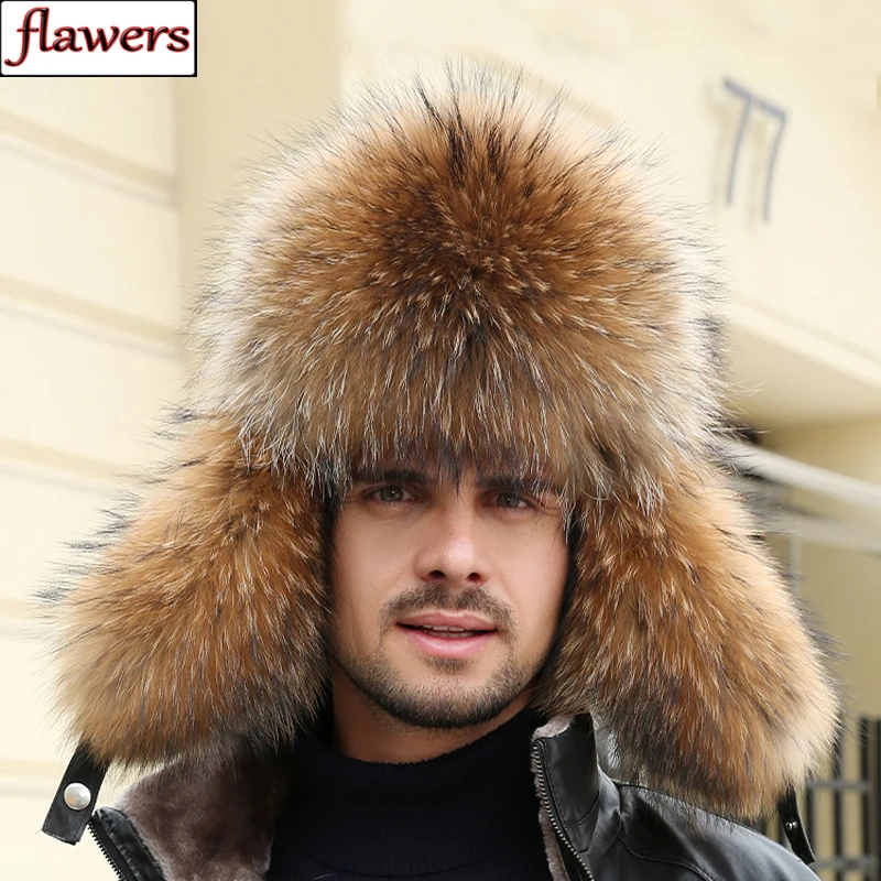 New Winter Men's 100% Real Silver Fox Fur Bomber Hat Raccoon Fur Ushanka Cap Trapper Russian Man Ski Hats Caps Real Leather