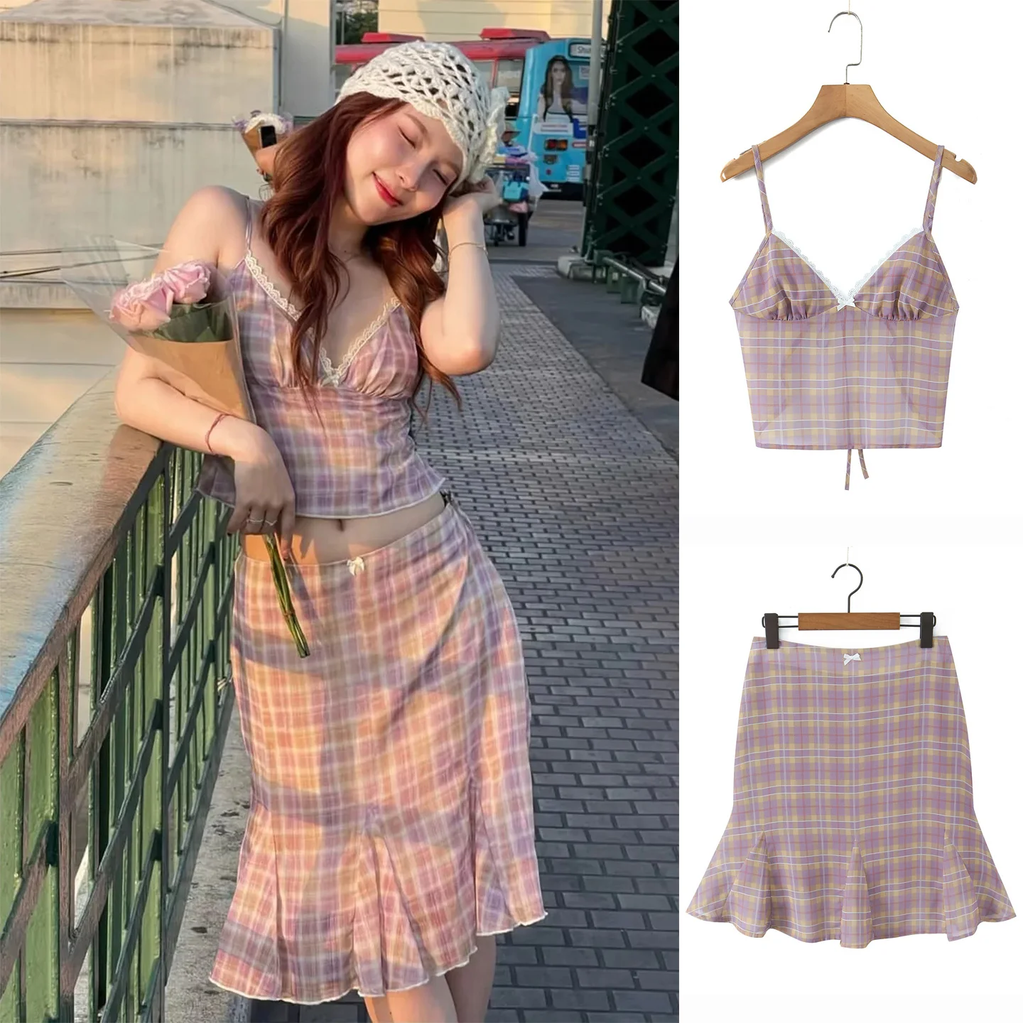 

Spring New Women's V-ne Svel Bal ter Top Low-waist Plaid Lace Trim Skirt Set Faionable Two-piece Ensemble