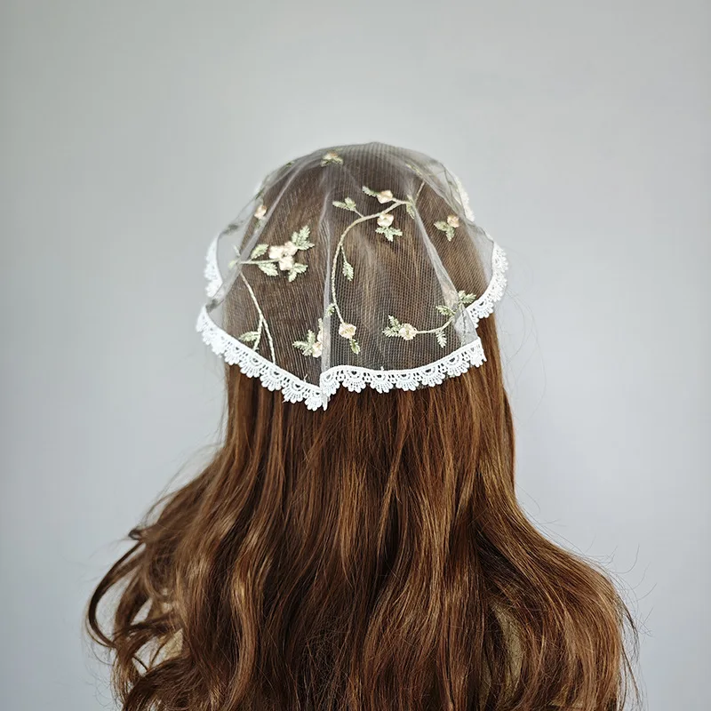 Floral Embroidered Mesh Triangle Head Veil, Lace Trim Short Chapel Head Cover, Vintage Bridal Church Headpiece