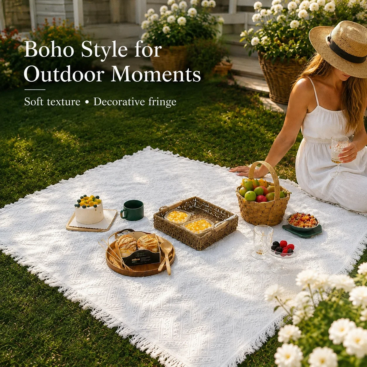 ผ้าปูปิกนิกสไตล์โบโฮ ผ้าปูพื้น - Boho Throw Blanket Fringe บทวิจารณ์และราคา