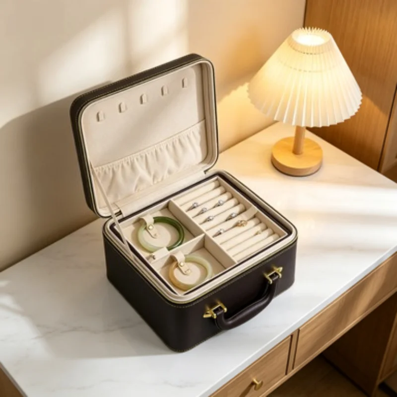 Leather Jewelry Collection Case Large Capacity Ring Storage Boxes Women Bracelet Organizer Cases Handheld Necklace Storages Box