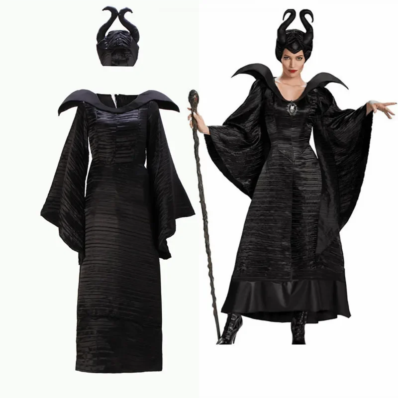 Halloween Witch Maleficent Sleeping Beauty Movie Costume Adult Women Evil Dress Horn Hat Outfit Hat Helmet Hood Bar M-2XL