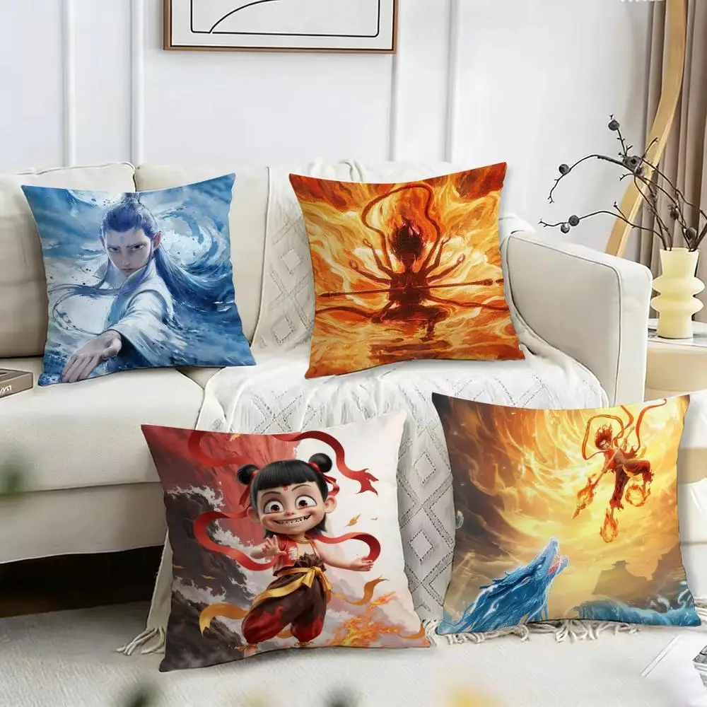 Funda de cojín Nezha de animación Mytho china popular, funda de almohada de felpa reversible, para coche, sofá, dormitorio, perfecta como regalo.