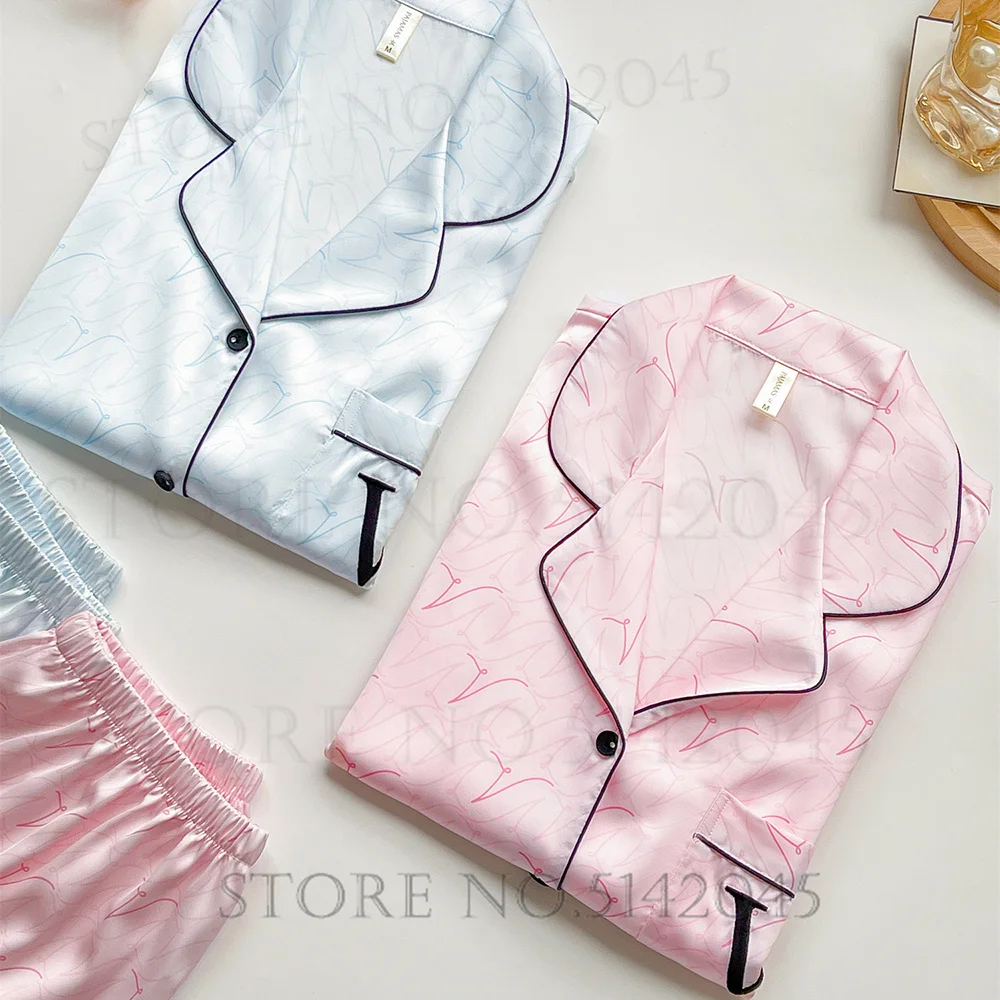 Female Pajamas Trouser Suit Blue Print Long Sleeve Pijamas Sleepwear Spring Summer Silky Satin Lounge Wear Loose Casual Homewear