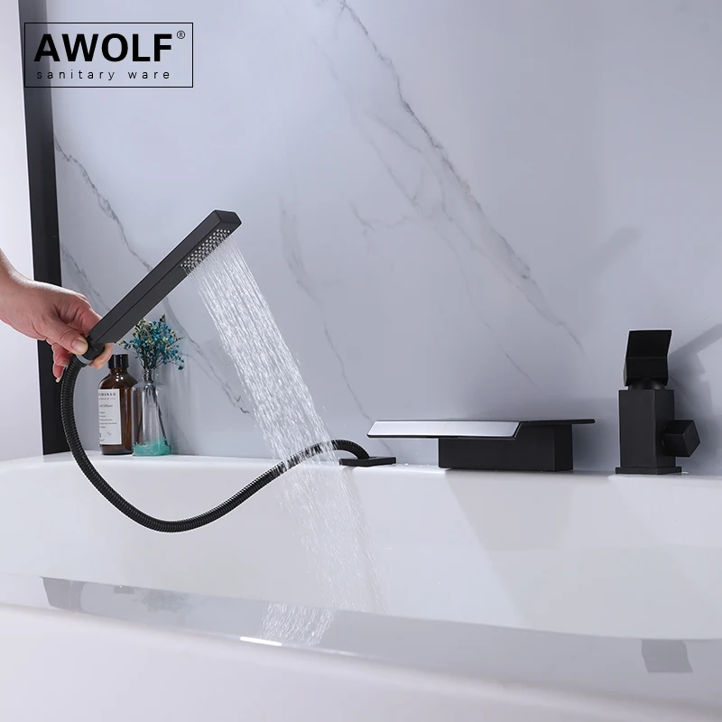 Awolf Matt Black Waterfall Bathtub Faucet Deck Mounted Solid Brass Split Bathroom Shower Set Bathtub Mixer Shower System AH3059