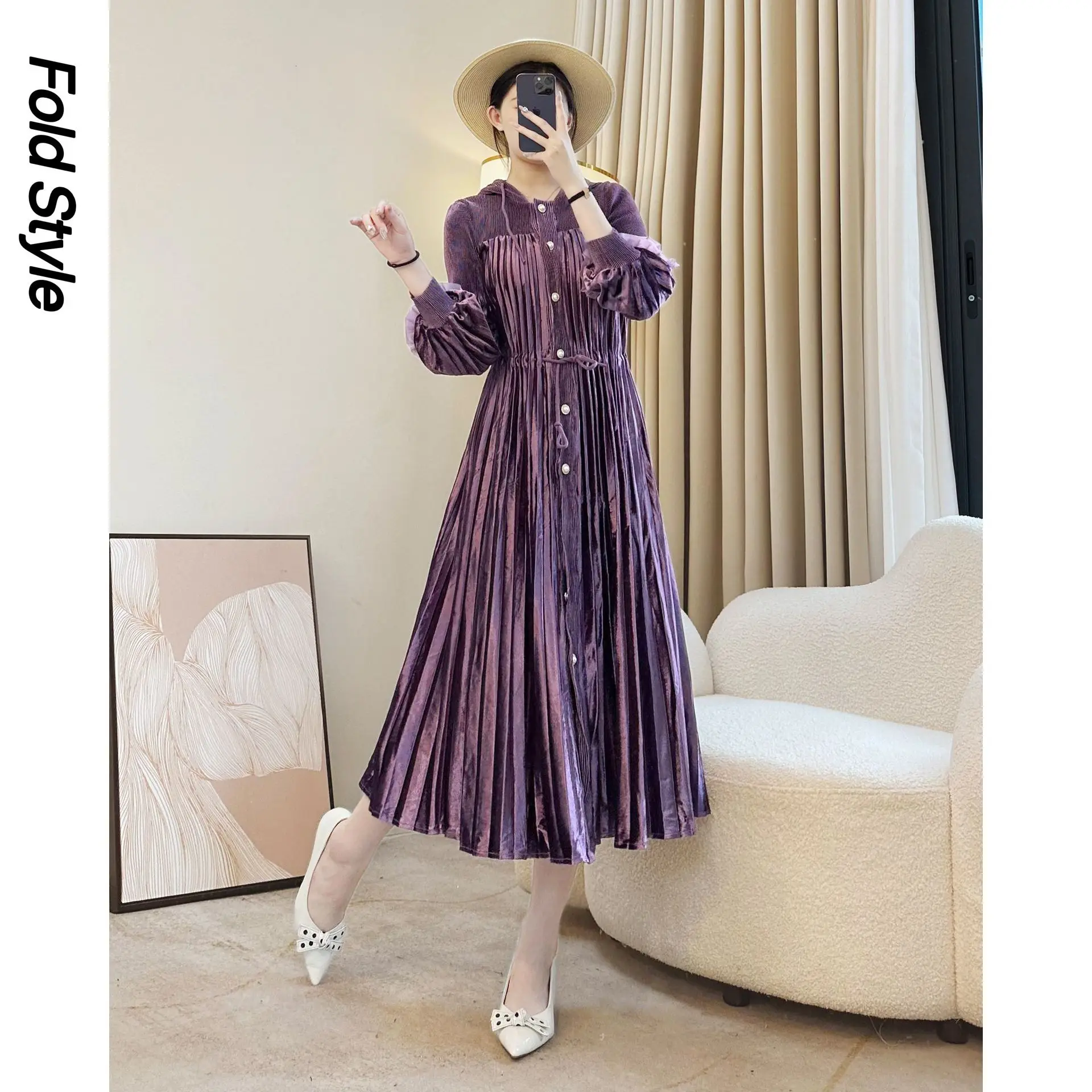 

Miyake, элегантное однотонное платье с воротником для пожилых людей, плиссированное платье, осеннее тонкое плиссированное платье среднего размера с большим маятником