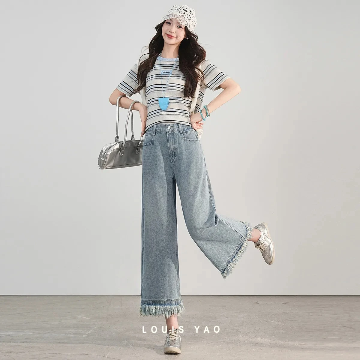 

Джинсовые укороченные брюки LOUIS YAO, лето 2025 г., брюки в стиле ретро с высокой талией, многослойный дизайн, прямые брюки с эластичной резинкой на талии