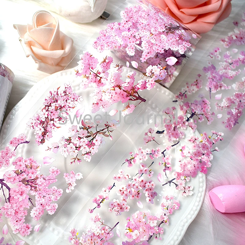 2m/Roll Sakura Flower Decorative Stickers Vintage PET Tape for DIY Scrapbooking Diary journaling Materials Aesthetic Stationery