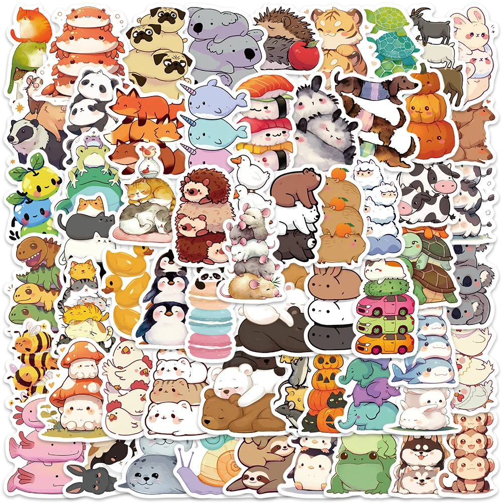 

60PCS Cartoon Chubby Pug Animal Stackers Loonimals Animal Upon Animal Cute Sticker DIY Fridge Phone Laptop Car Guitar Toy Decals