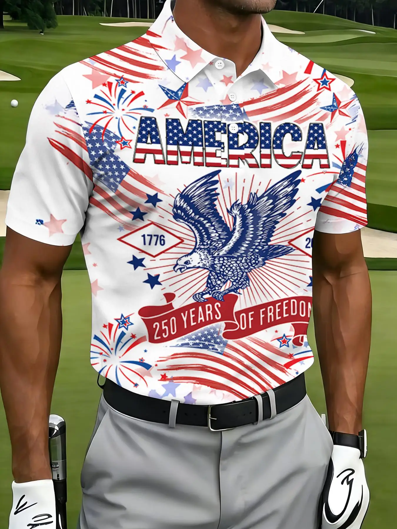 Men's USA 250 Years Of Freedom Golf Polo Shirt 3D Print Bald Eagle USA Flag Patriotic Short Sleeve Casual Top
