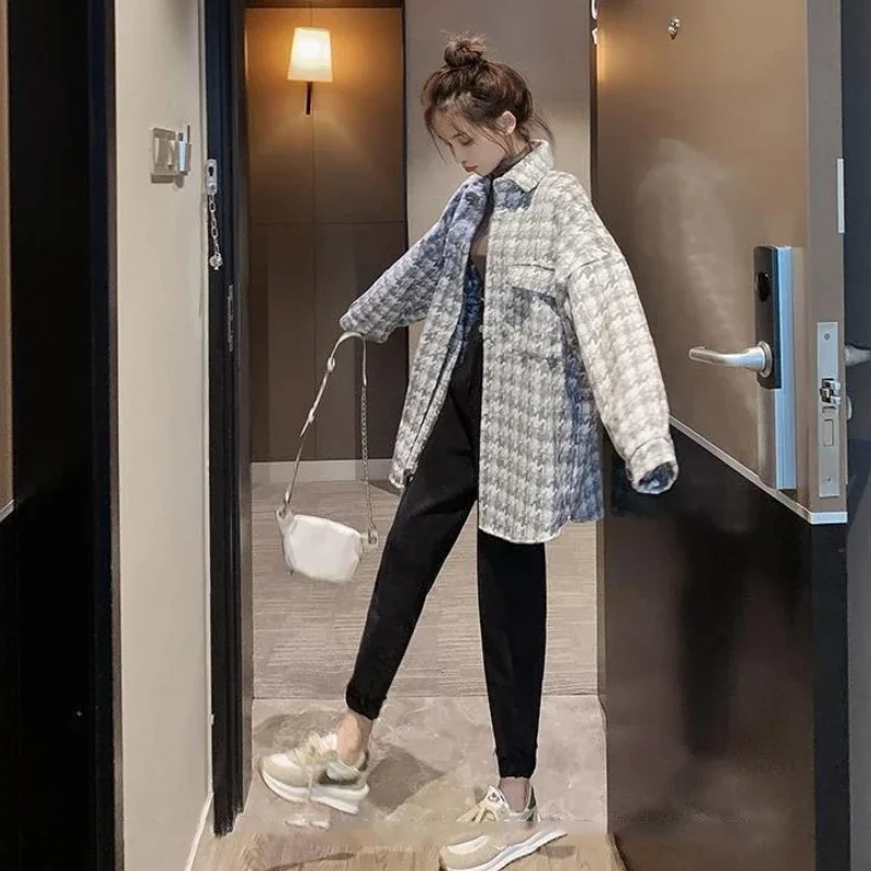 

Корейская винтажная рубашка с узором «гусиные лапки», женское свободное термоосенне-зимнее пальто 2022, дизайн в гонконгском стиле